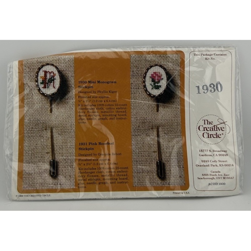 The Creative Circle‎ Kit 1930, "Mini Monogram Stickpin" - Embroidery Kit
